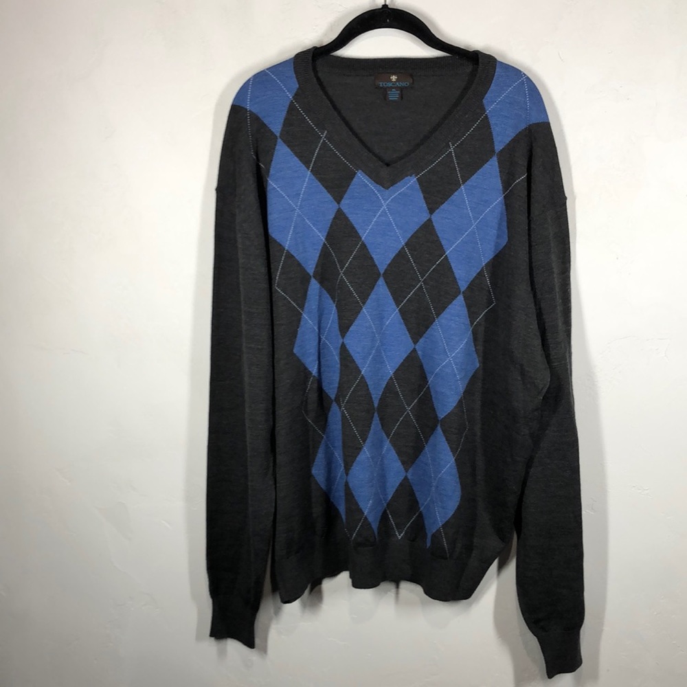 Toscano gray and blue argyle merino wool blend v-neck sweater size xxl